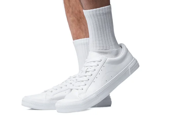 Closeup Male Feet Shoes Man Wearing White Trainers Isolated White — Stock Photo, Image