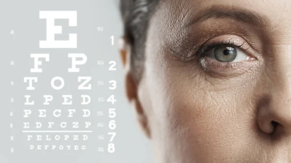 Ophthalmology Closeup Female Eye Chart Sight Test — Stock Photo, Image