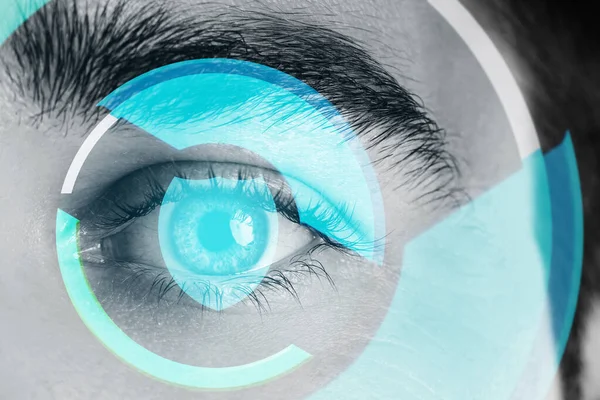 Close Male Eye Hud Display Concepts Augmented Reality Biometric Iris — Stock Photo, Image