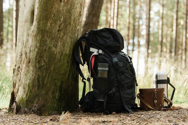 Caminata Por Bosque Mochila Del Viajero Con Suministros Suelo — Foto de Stock