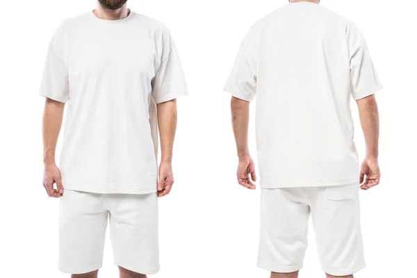 Homme Portant Shirt Blanc Vierge Short Isolé Sur Fond Blanc — Photo