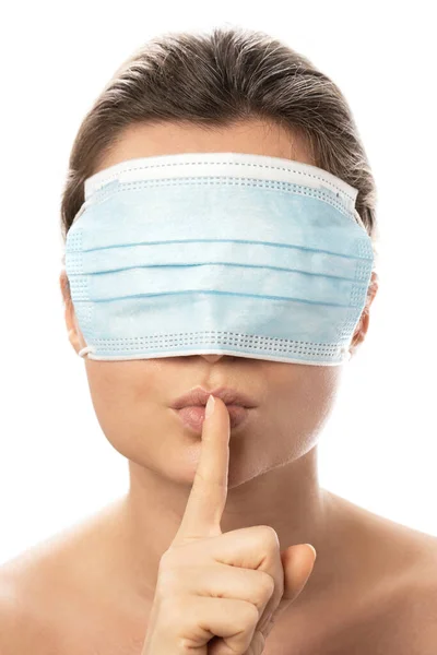 Young Woman Wearing Prevention Mask Her Eyes Making Shush Gesture — Stock Photo, Image