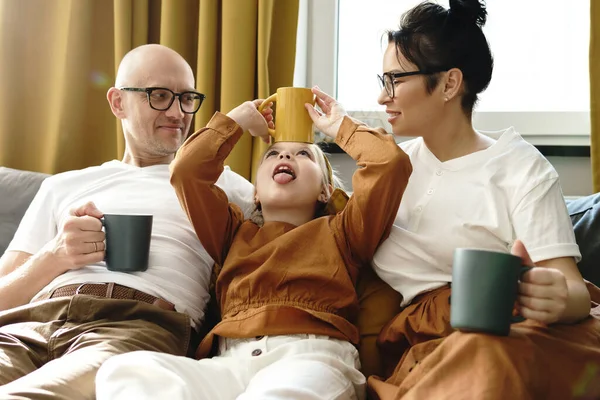 Happy Family Relaxing Fooling Tea Cups Home — Stock Photo, Image