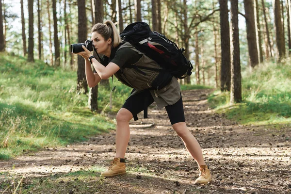 Escursionista Donna Scattare Foto Utilizzando Moderna Fotocamera Mirrorless Nella Foresta — Foto Stock