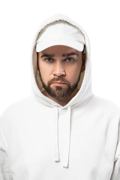 Hombre Guapo Con Gorra Blanca Blanco Sudadera Con Capucha Aislada — Foto de Stock