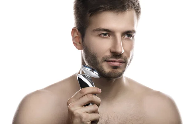 Young Handsome Man Using Modern Electric Shaver White Background — Stock Photo, Image