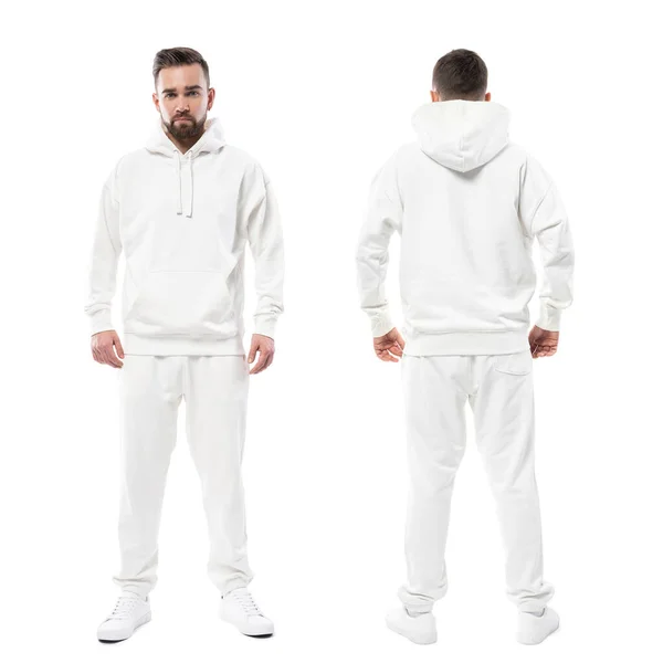 Bel Homme Portant Blanc Blanc Sweat Capuche Pantalon Isolé Sur — Photo