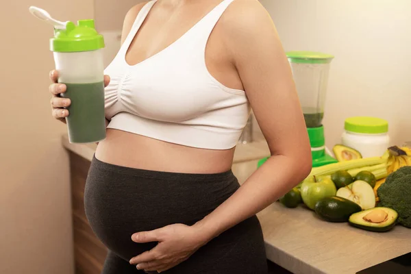 Young Pregnant Woman Holding Shaker Green Protein Cocktail — Stock Photo, Image