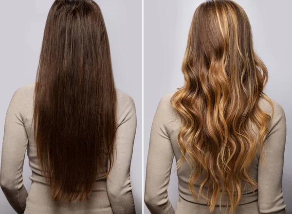 Vergleich Weiblicher Haare Nach Dem Färben Und Styling Einem Professionellen — Stockfoto