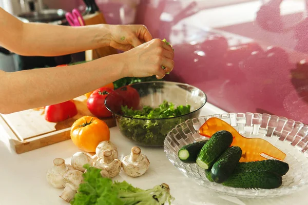Woman Cooking Vegetarian Salad Fresh Vegetables — Stock Photo, Image