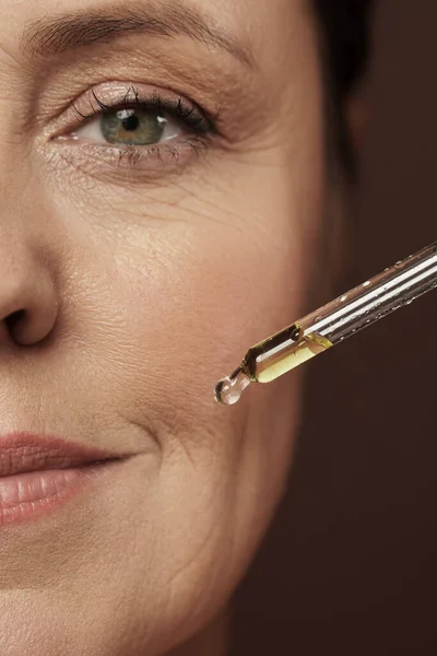 Closeup Female Face Dropper Rejuvenating Serum — Stock Photo, Image