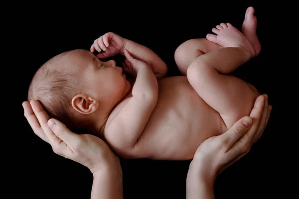 Cute Newborn Baby Lying Mother Hands Black Background Stock Photo