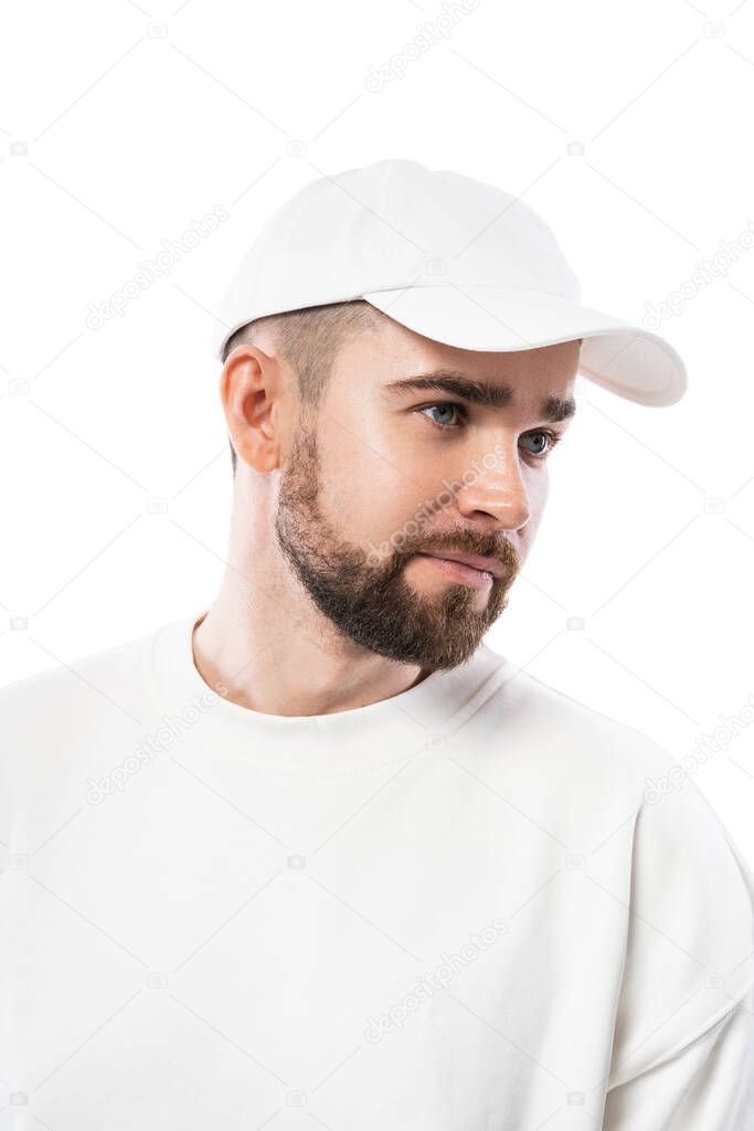 Handsome man wearing blank white cap isolated on white background