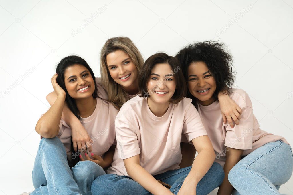 Multicultural diversity and friendship. Group of different ethnicity happy women