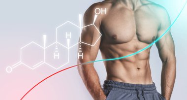 Gri arka plana karşı kaslı erkek gövdesi ve testosteron formülü. Hormon artırıcı yöntemler kavramı.