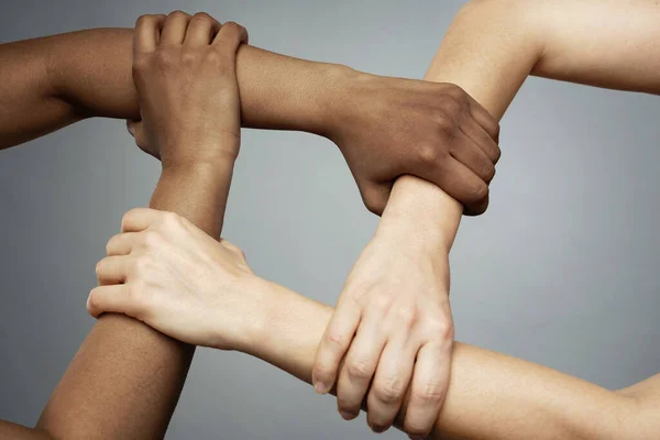 African Caucasian Female Hands Gray Background Interracial Friendship Care Support — Stock Photo, Image