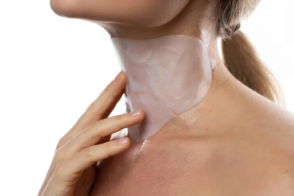 Caucasian Woman Moisturizing Aging Sheet Mask Applied Her Neck — Stock Photo, Image