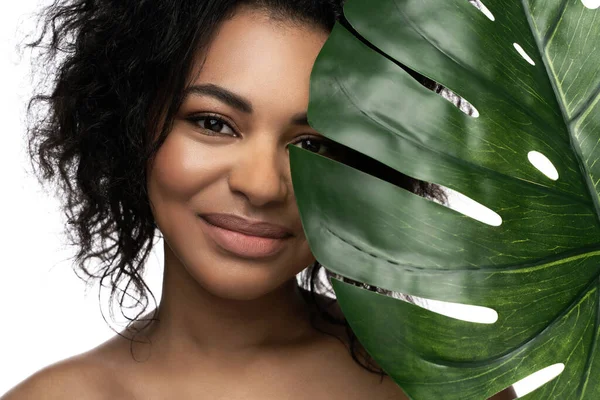 Hermosa Mujer Negra Con Una Piel Lisa Sosteniendo Hoja Tropical —  Fotos de Stock