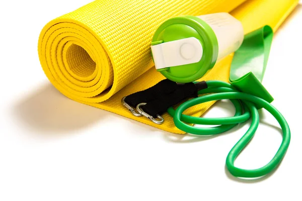 Close Protein Shaker Fitness Mat Rubber Resistance Bands White Background — Stock Photo, Image