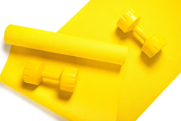 Top View Yellow Dumbbells Fitness Mat White Backround — Stock Photo, Image