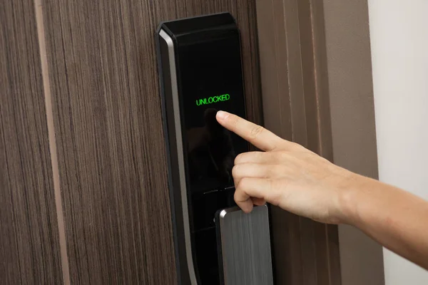 Female Hand Digital Smart Code Lock Modern Apartment — Stock Photo, Image
