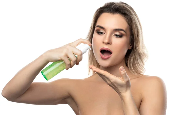 Young Woman Smooth Skin Holding Bottle Green Cleansing Gel White — Stock Photo, Image