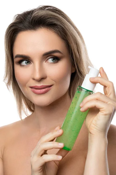 Young Woman Smooth Skin Holding Bottle Green Cleansing Gel White — Stock Photo, Image