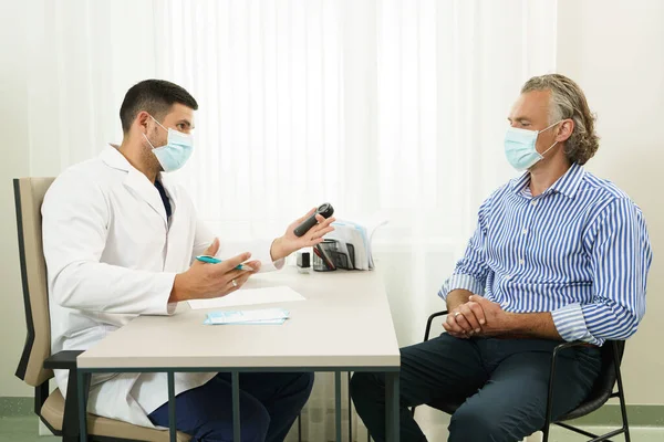 Doctor Middle Aged Male Patient Wearing Prevention Masks Consultation Office Stock Picture