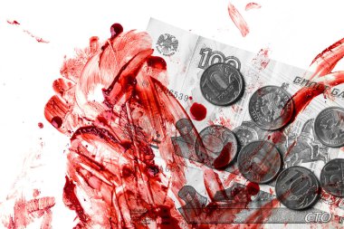 Blood and russian ruble money. Concept of illegal, criminal earnings and war profiteer. clipart
