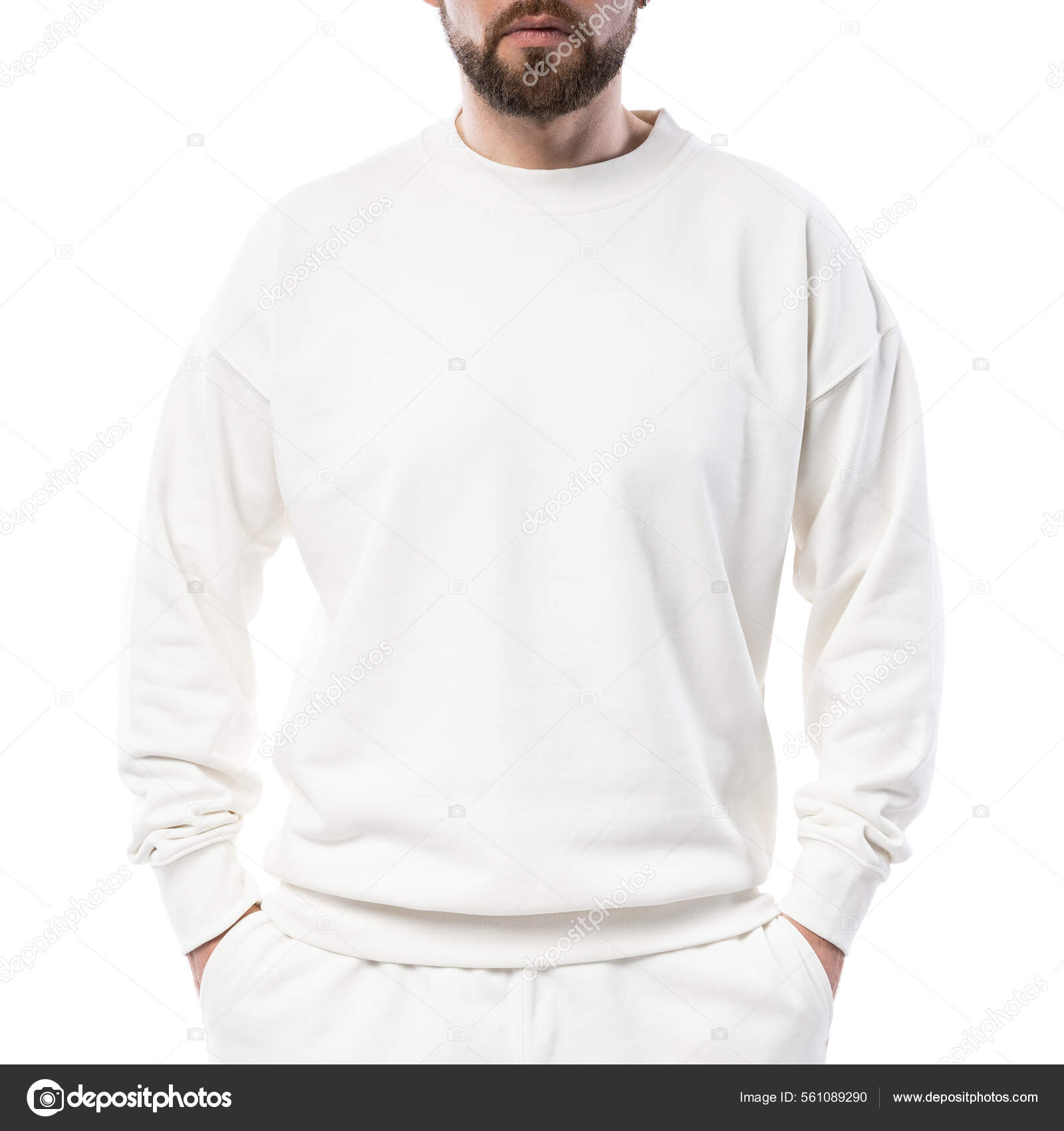 Man Wearing Blank White Sweatshirt Isolated White Background Stock