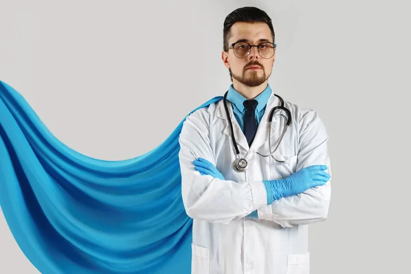 Brave Man Superhero Doctor Blue Cape Helping Battle Virus Pandemic — Stock Photo, Image