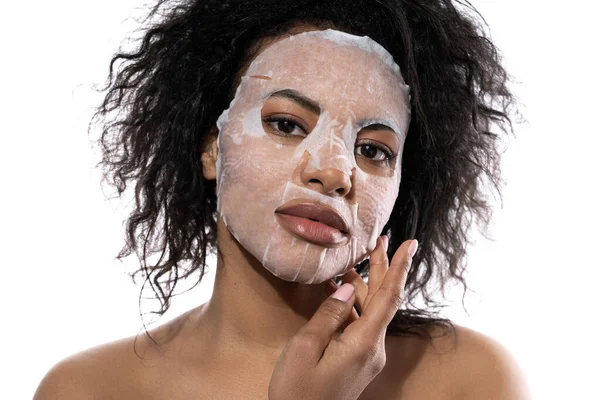 Beautiful Black Woman Smooth Skin Applying Facial Sheet Mask White — Stock Photo, Image