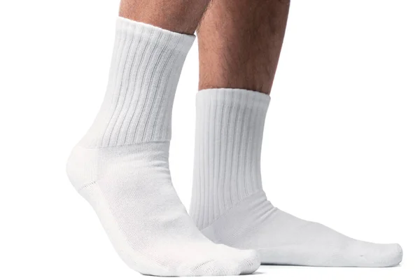 Mężczyzna Nogi Białe Bawełniane Skarpetki Izolowane Białym Tle — Zdjęcie stockowe
