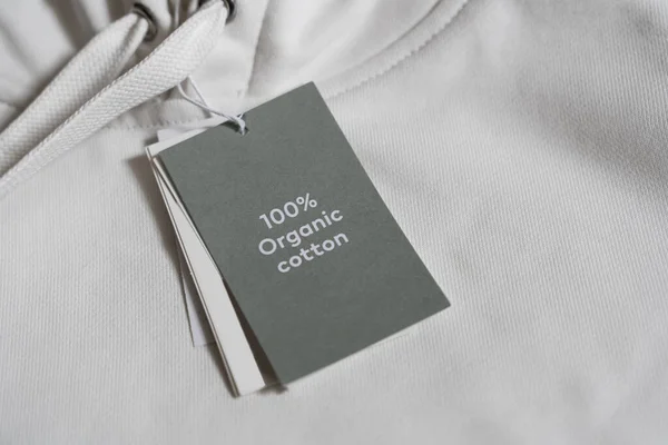 Gros Plan Étiquette Papier Sur Sweat Capuche Blanc 100 Coton — Photo