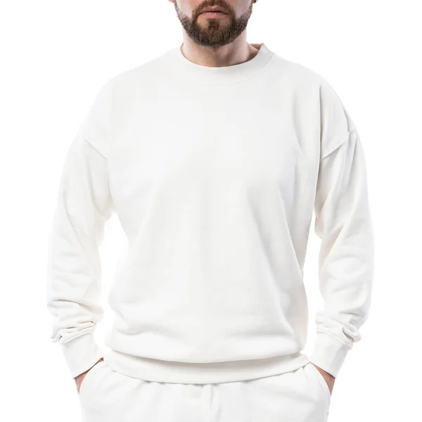 Homem Vestindo Camisola Branca Branco Isolado Fundo Branco — Fotografia de Stock