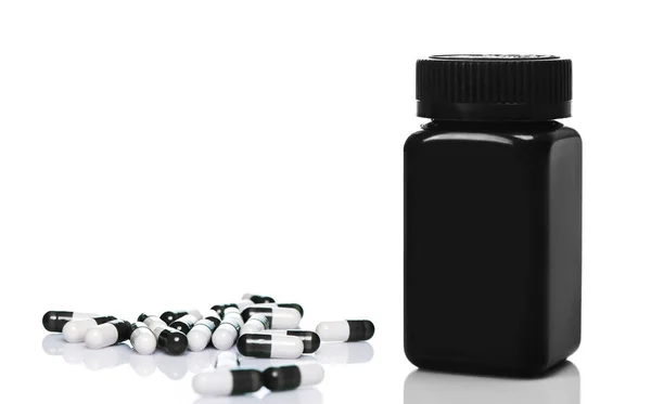 Dietary Sport Supplements Black Plastic Jar Capsules White Background — Stock Photo, Image