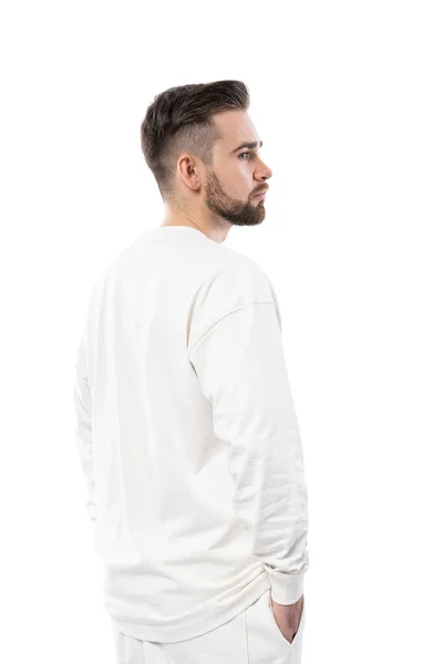 Schöner Mann Mit Weißem Langärmeligem Shirt Auf Weißem Hintergrund — Stockfoto
