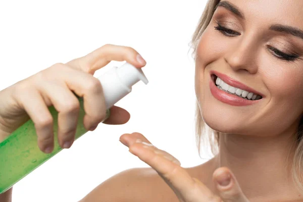 Young Woman Smooth Skin Holding Bottle Green Cleansing Gel White — Stock Photo, Image