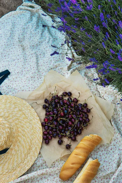 Picknick Lavendelfältet Körsbär Och Baguette Filten — Stockfoto