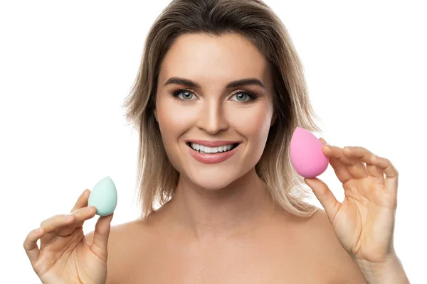 Portrait Beautiful Woman Smooth Skin Holding Makeup Sponges White Background — Stock Photo, Image