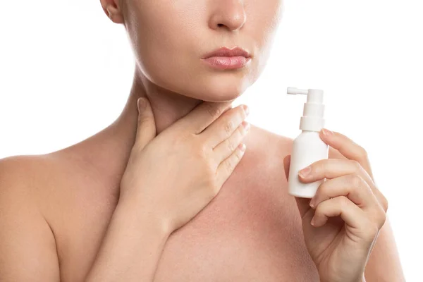 Woman Using Spray Analgesic Sore Throat Relief White Background — Stock Photo, Image