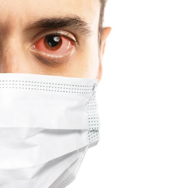 Caucasian Man Virus Symptoms Wearing Prevention Mask White Background — Stock Photo, Image