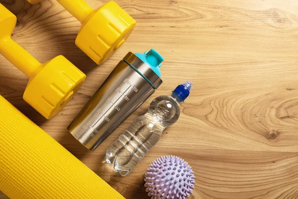 Different Workout Equipment Floor Yellow Fitness Mat Dumbbells Massage Ball — Stock Photo, Image