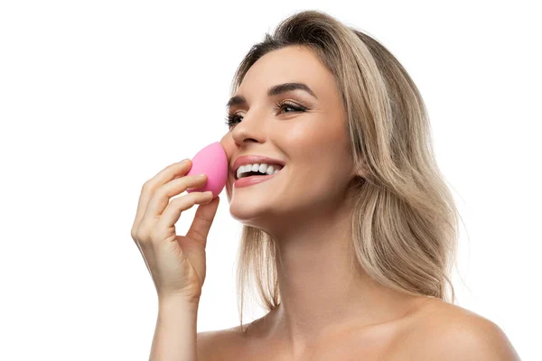 Portrait Beautiful Woman Smooth Skin Holding Makeup Sponge White Background — Stock Photo, Image