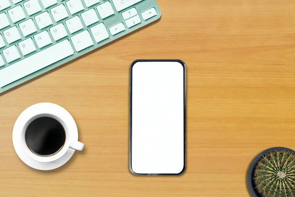 Вид Сверху Ноутбука Телефона Офисный Белый Деревянный Пол — стоковое фото