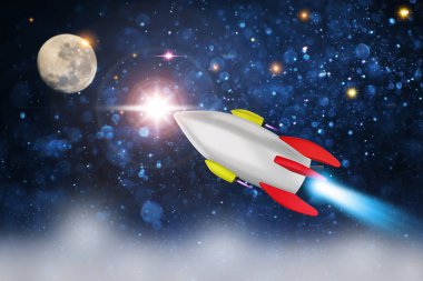 Uzay mekiği Dünya üzerindeki açık uzaya fırlatıldı. Uzay gemisi konsepti altında okyanus ve gökyüzü. - Evet. 3d oluşturma