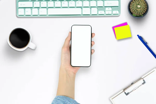 Akıllı telefon ofis tarzına sahip tablet bilgisayar dizüstü bilgisayarı üzerinde üst görünüm .