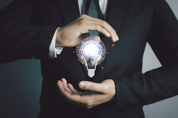 Hand Businessman Holding Light Bulb Innovative Technology Mixed Media Digital — Stock Photo, Image