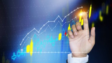 İşadamları yenilikçi teknoloji olarak hisse senedi tablosu kullanıyorlar. Karışık ortam, dijital ve çevrimiçi konsept.