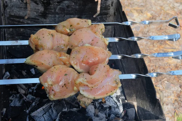Vlees Bakken Grillin Open Lucht Gefrituurde Stukken Kippenvlees Spiesen Kolen — Stockfoto